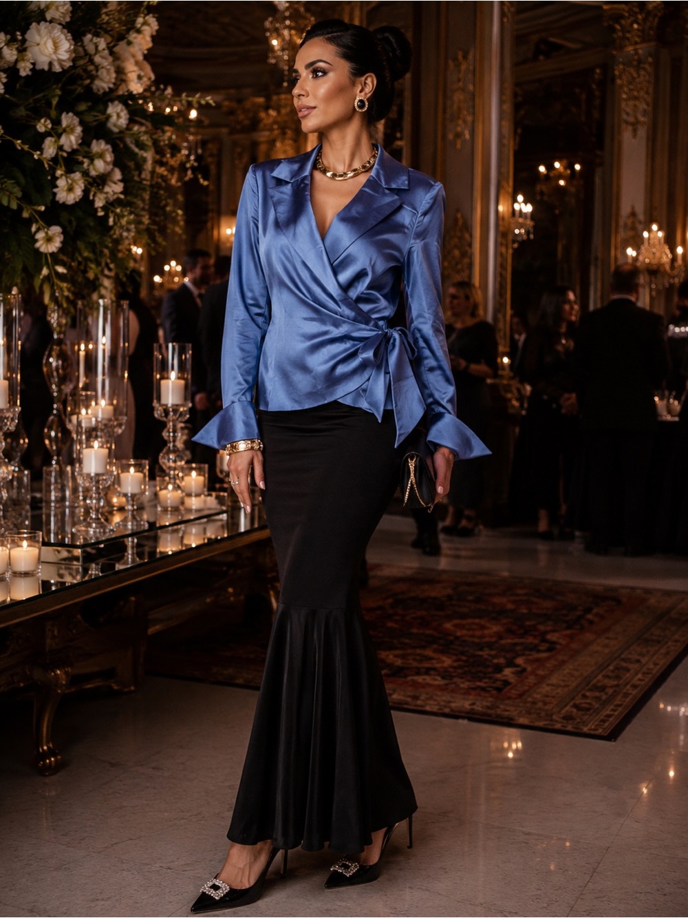 NWT Kate Hill Blue Satin Wrap Blazer Tie Waist Button Cuff Size 4